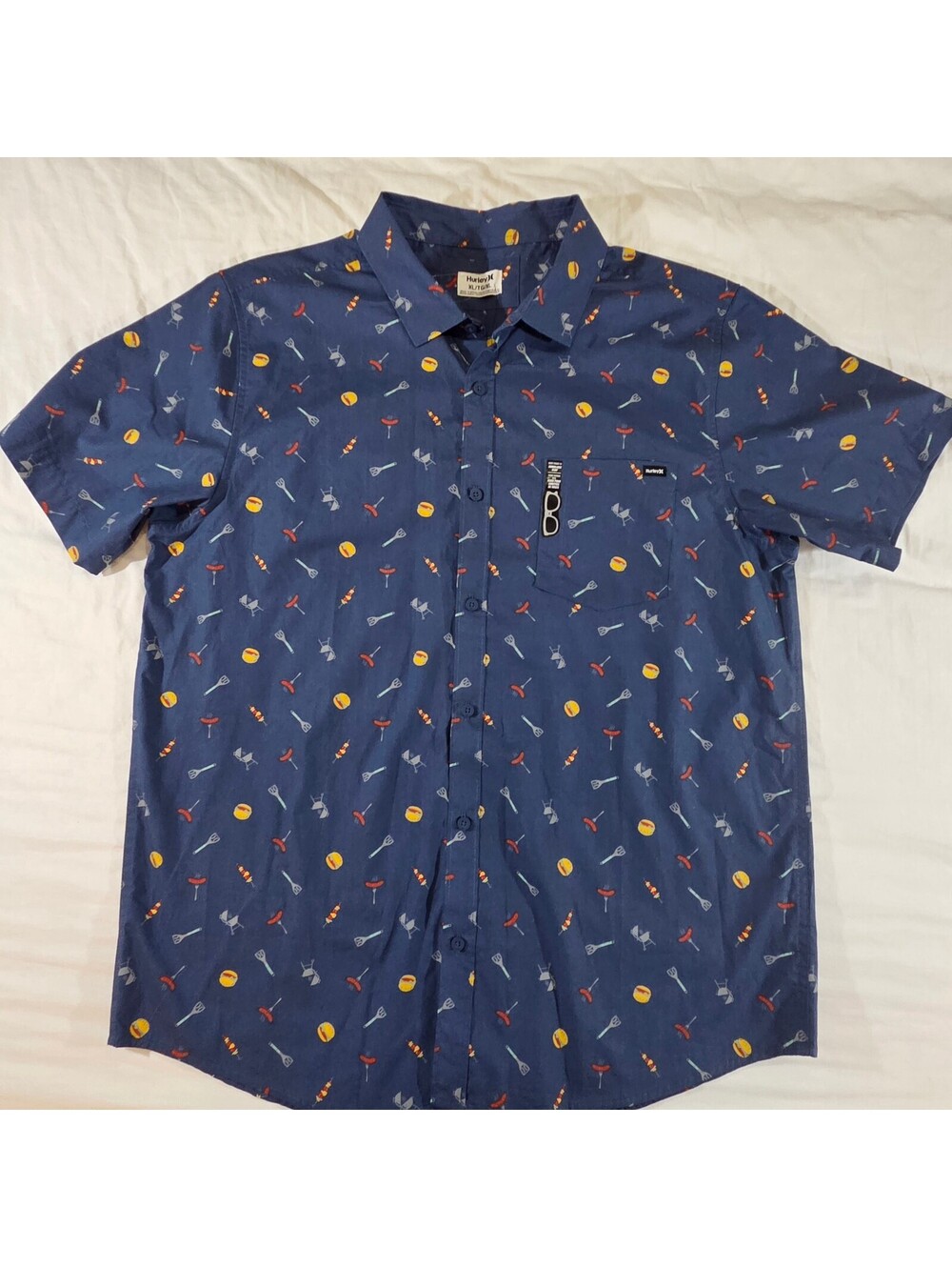 Hurley BBQ Print Shirt Men's XL NWT Blue Short Sleeve Button Up Novelty Grilling